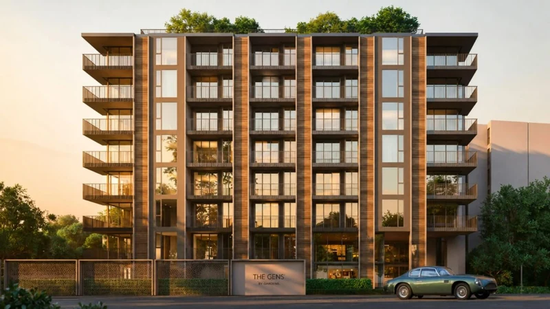 The GENS by Botanica — facade with the project sign at dusk