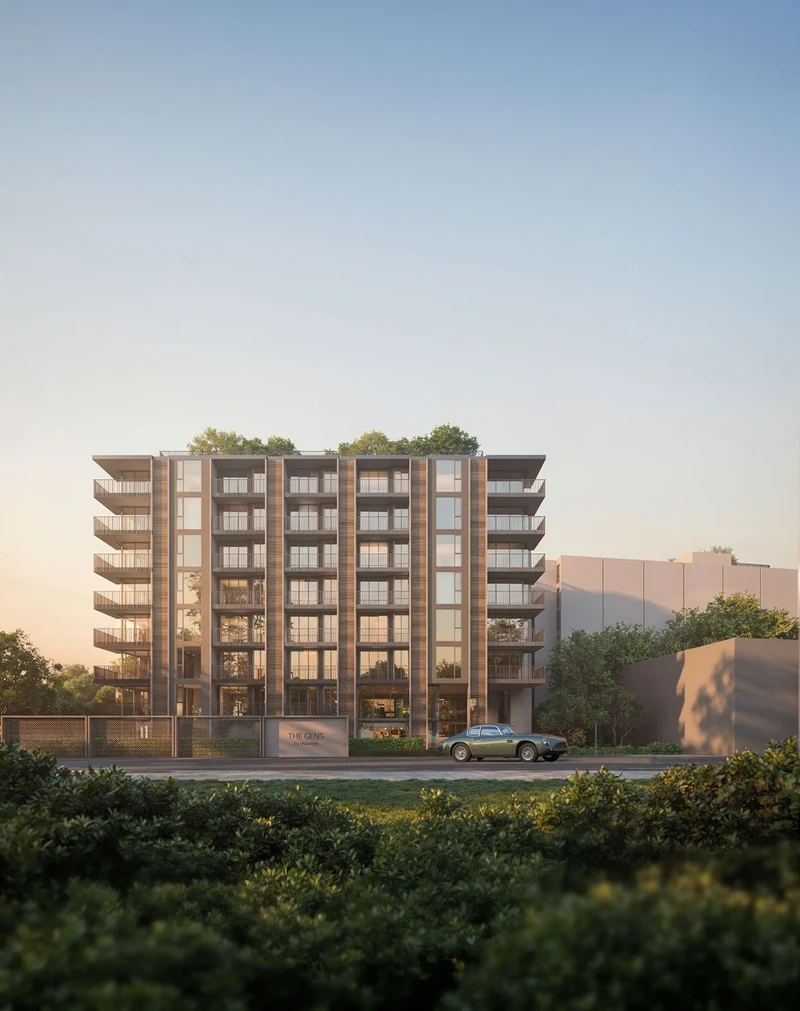 The GENS by Botanica — the facade at dusk