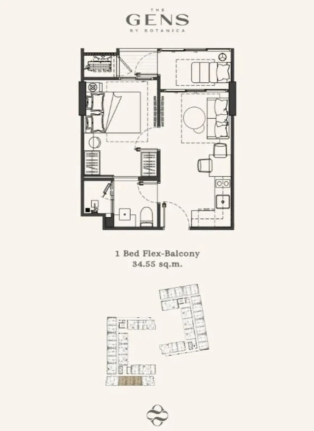 The GENS by Botanica — 1-bedroom floor plan, 34 m², layout B