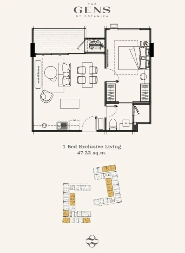 The GENS by Botanica — 1-bedroom floor plan, 47 m²