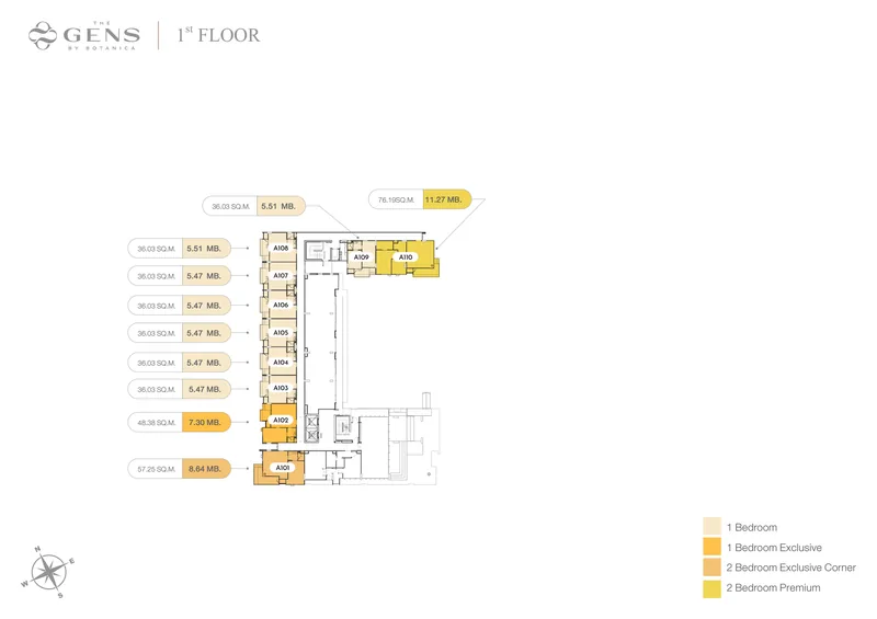 Plano de la planta 1 de The GENS by Botanica con números, superficies y precios de los apartamentos