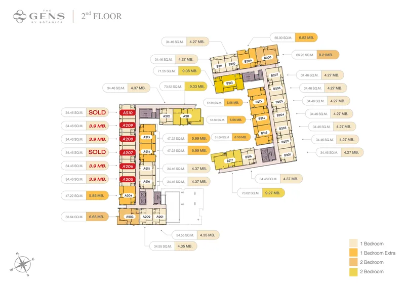 The GENS by Botanica 2nd floor plan: buildings A and B, unit numbers, sizes and prices