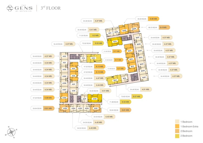 Plano de la planta 3 de The GENS by Botanica con números, superficies y precios de los apartamentos