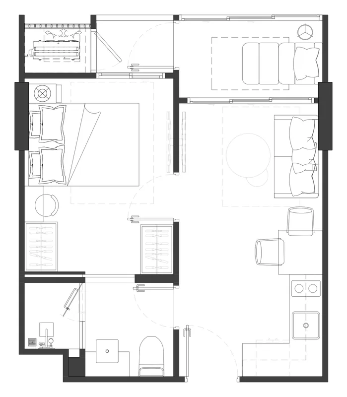 Plano de The GENS: 1 dormitorio con balcón flexible, 34,55 m², amueblado